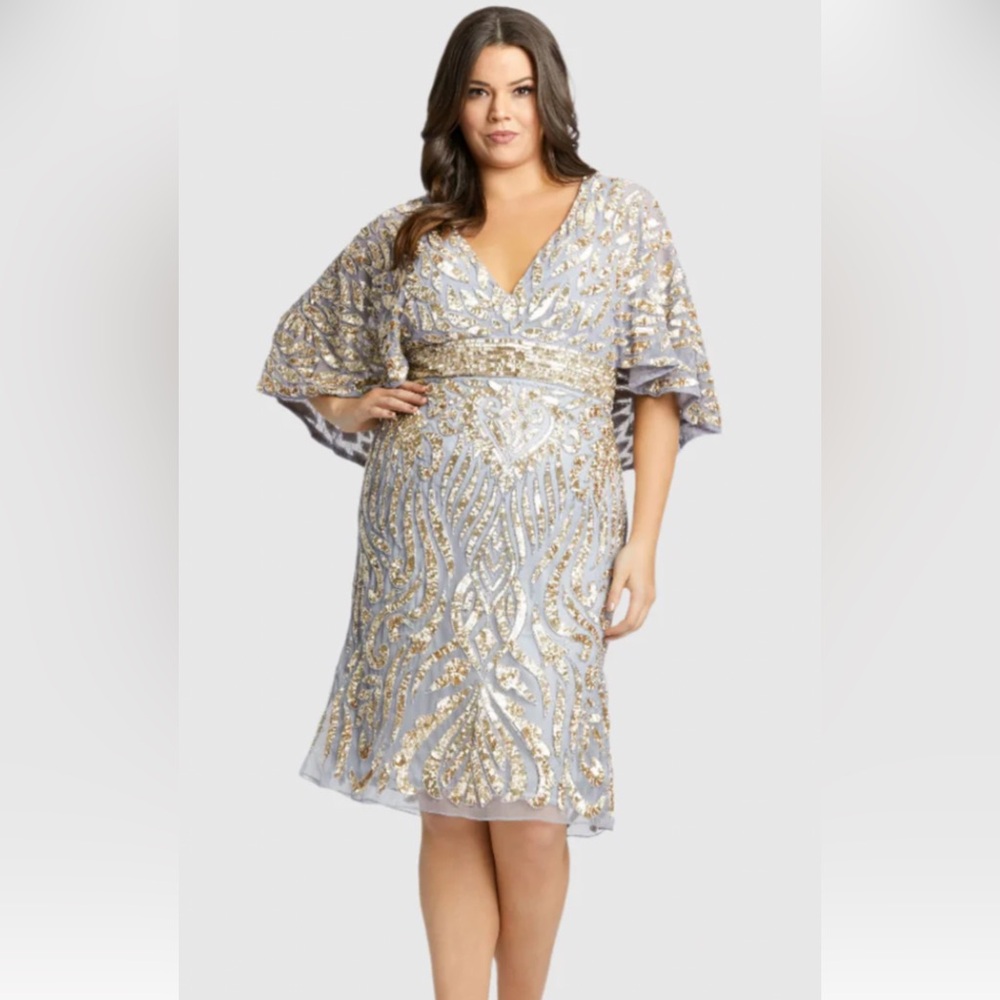 Mac Duggal Silver and Gold Sequin dress with Flutter Sleeves NWT